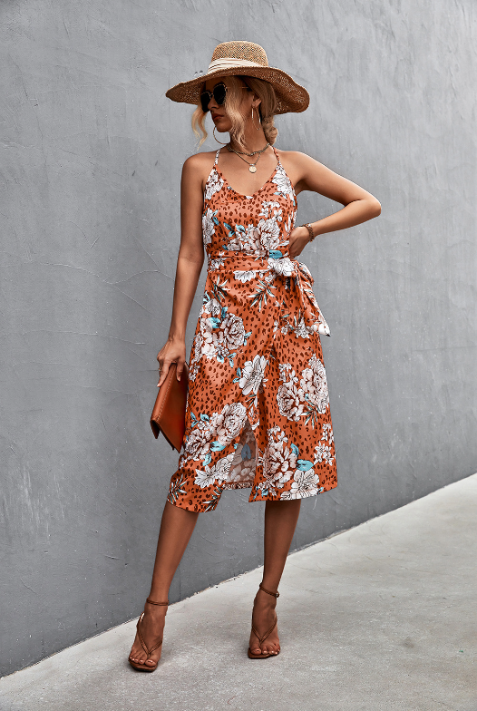 Floral V-Neck Spaghetti Strap Bodycon Mini Dress 2