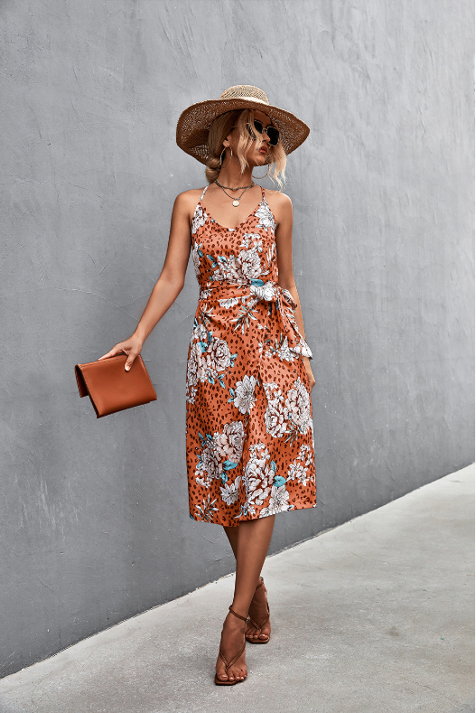 Floral V-Neck Spaghetti Strap Bodycon Mini Dress