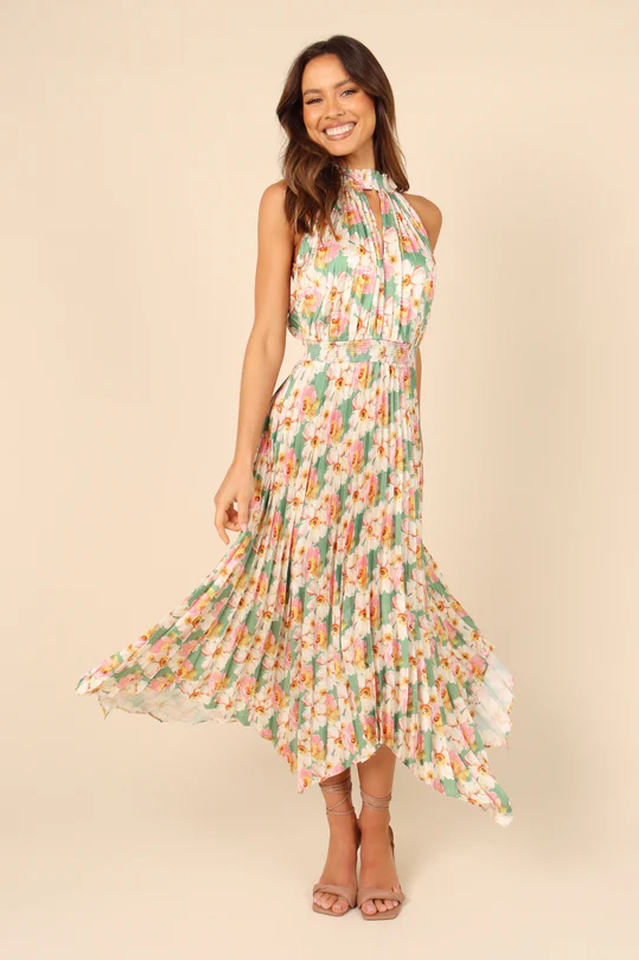Floral Halter-Neck Pleated Handkerchief-Hem Midi Dress