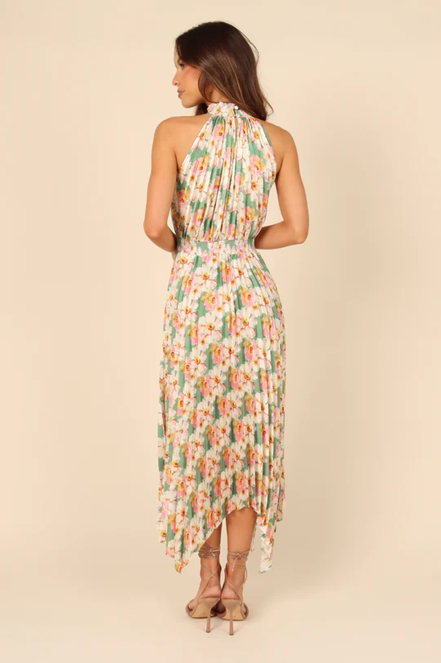 Floral Print Halter Neck Pleated Midi Dress