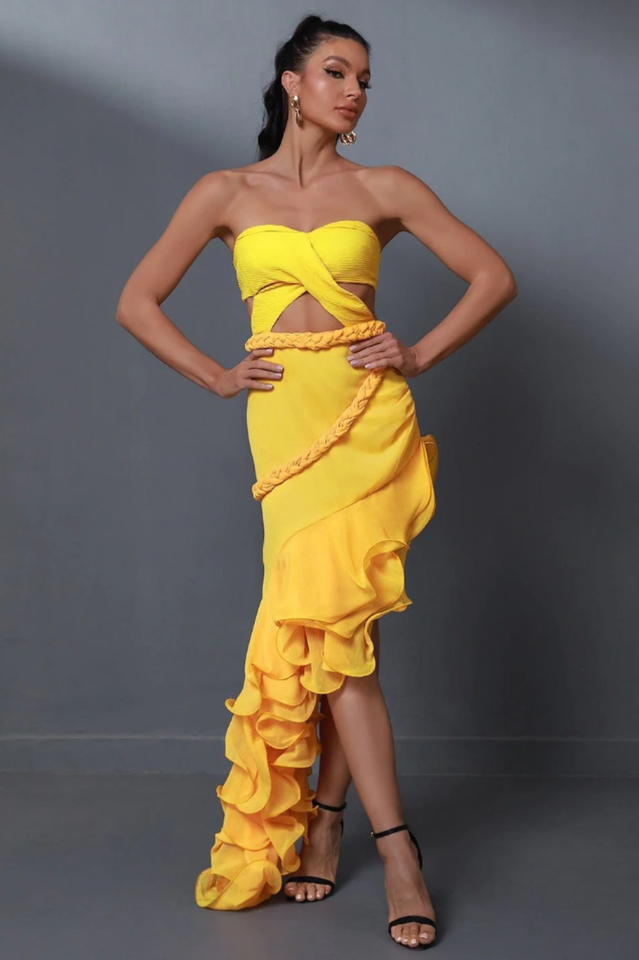 Strapless Twist Front Cut Out Ruffle High Low Dress