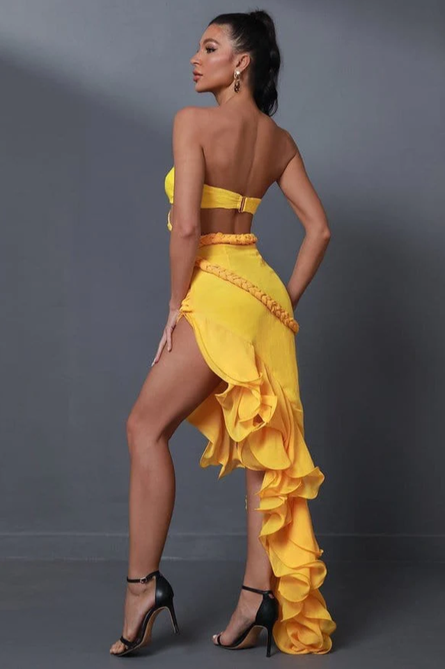 Strapless Twist Front Cut Out Ruffle High Low Dress 3