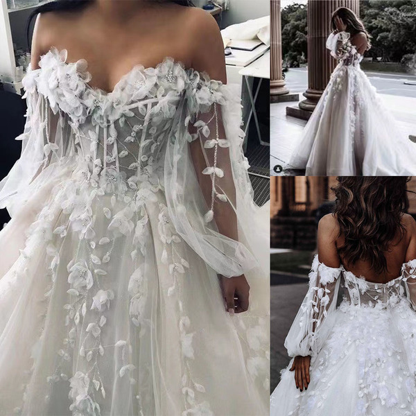 MODERN SWEETHEART SLEEVELESS WEDDING DRESS WHITE 3D FLORAL LACE BRIDAL GOWN