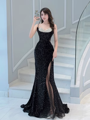 Luxury Mermaid Sequin Evening Dress Black Long Prom Dress