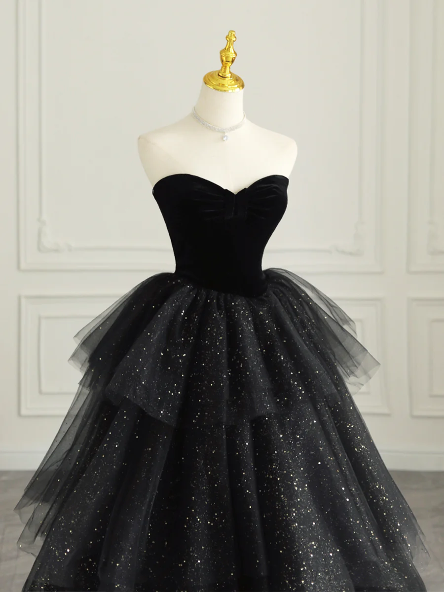 Black Strapless Tulle Formal Dress with Velvet Long Prom Dress
