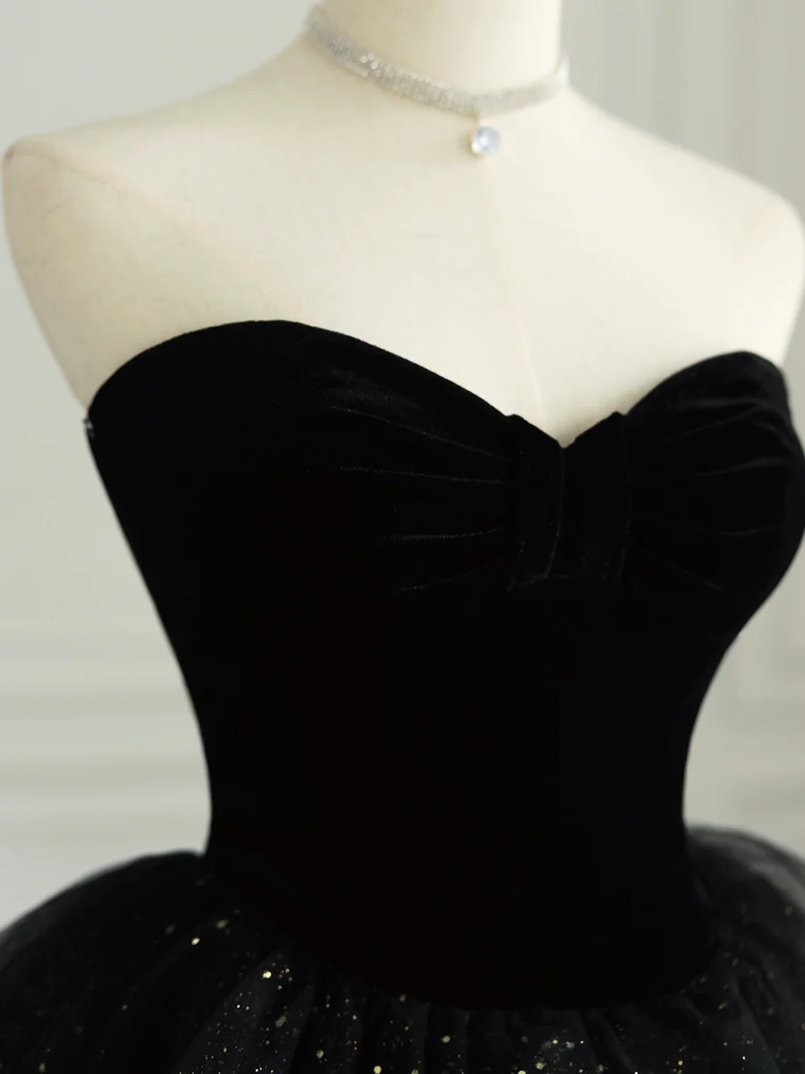 Black Strapless Tulle Formal Dress with Velvet Long Prom Dress