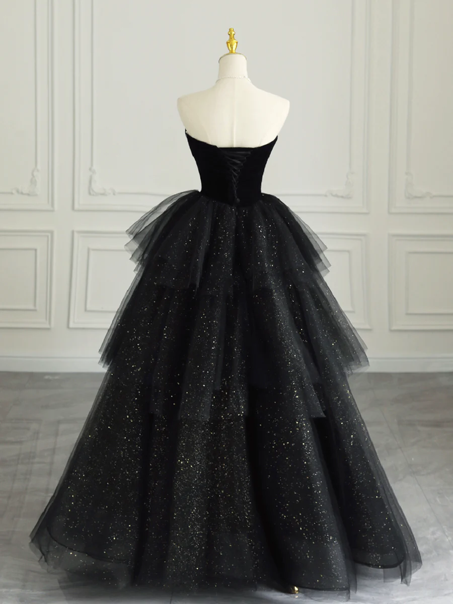 Black Strapless Tulle Formal Dress with Velvet Long Prom Dress