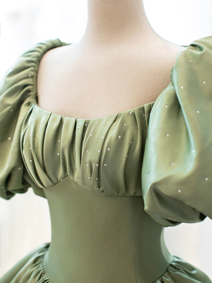 Ball Gown Sweet 16 Dress Green Satin Formal Evening Gown with Puff Sleeve