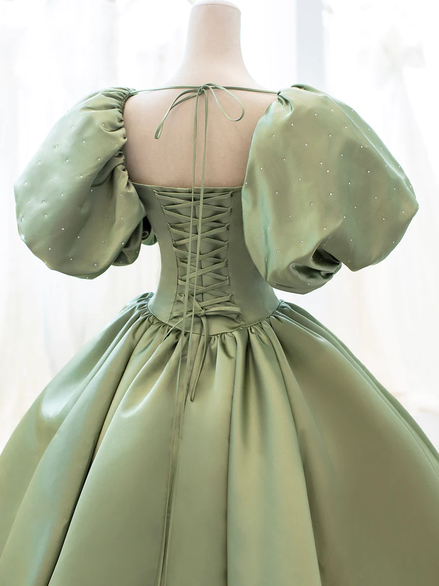 Ball Gown Sweet 16 Dress Green Satin Formal Evening Gown with Puff Sleeve