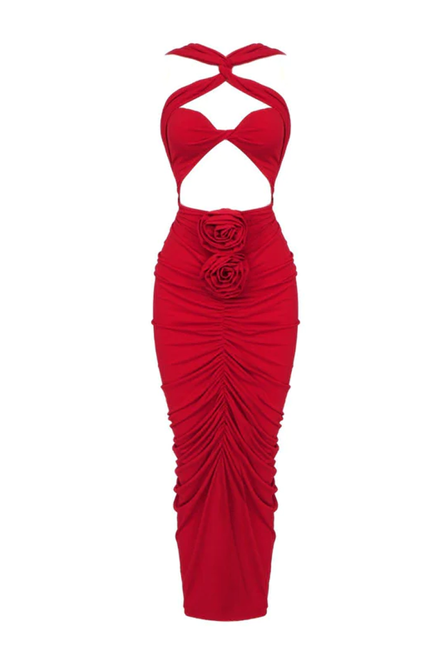 Cross-Front Cutout Rosette Ruched Bodycon Midi Dress 14