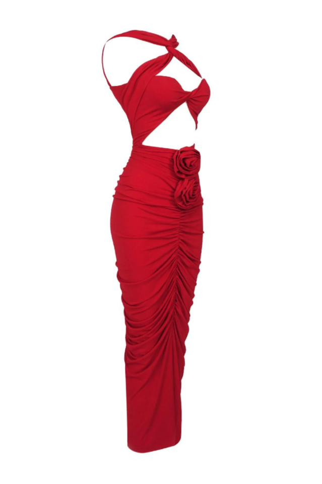 Cutout Rosette Ruched Bodycon Midi Dress