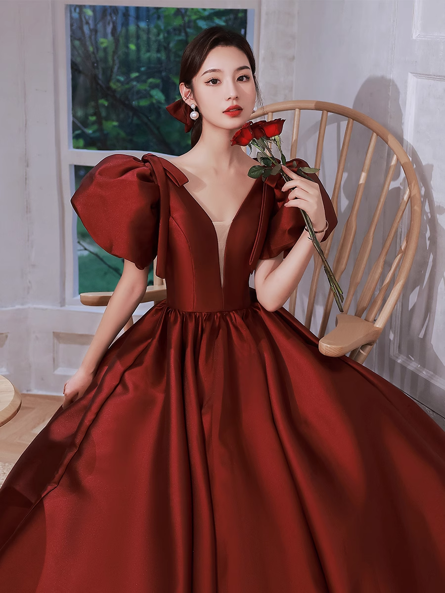 A line Burgundy Party Dresses Long Satin Prom Dresses