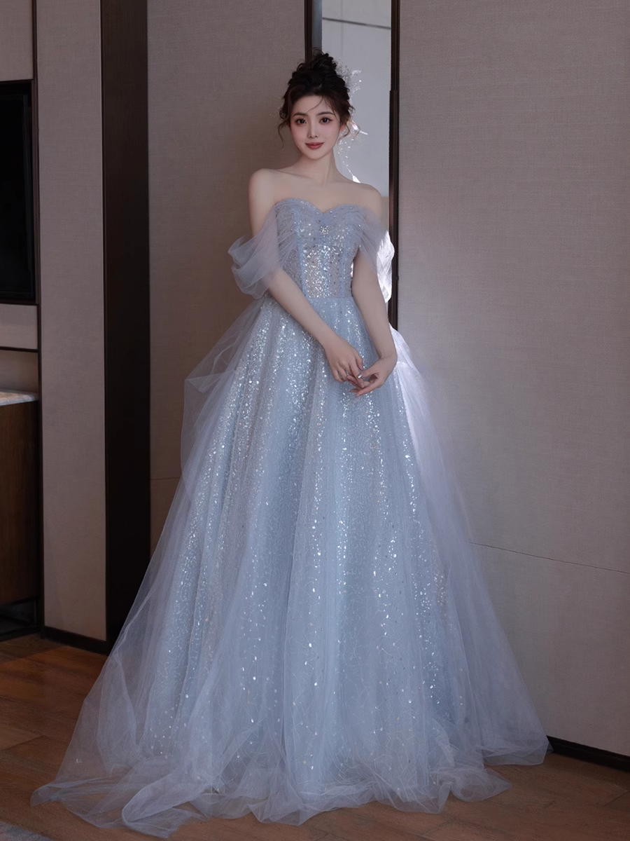 A line Off The Shoulder Tulle Gray Party Dresses Long Prom Dresses