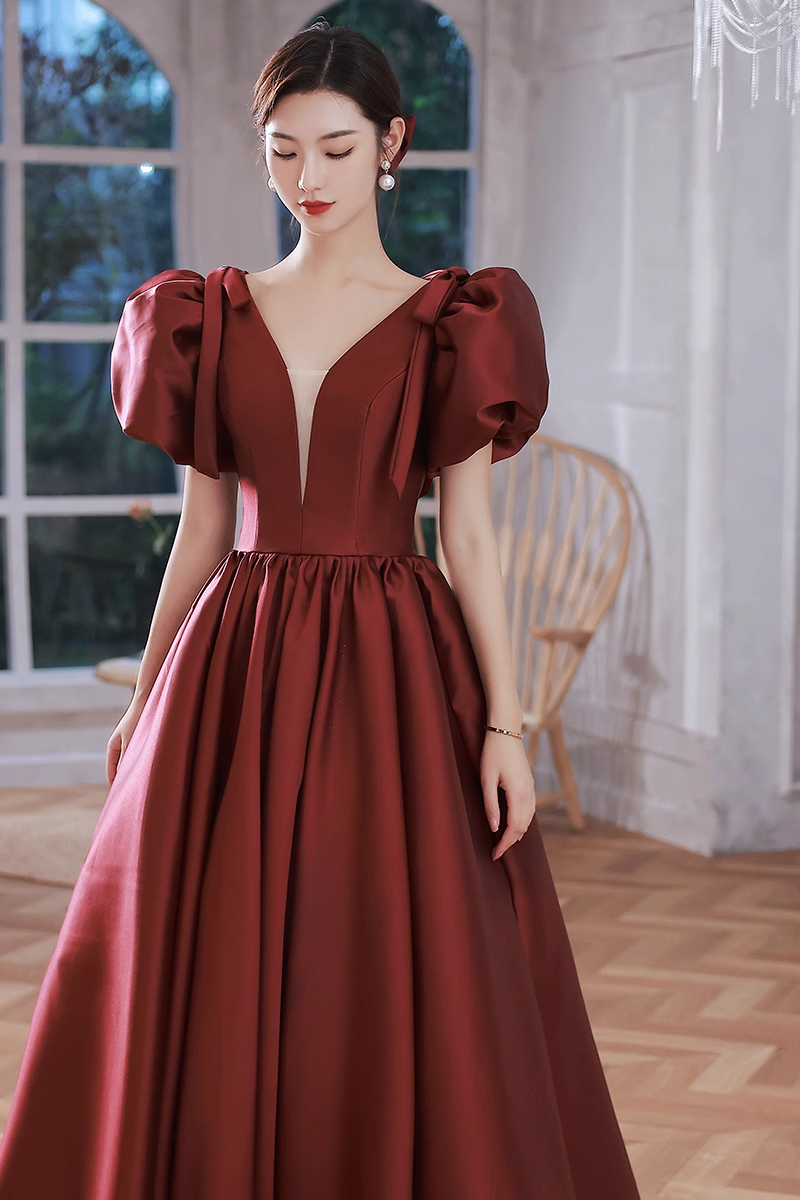 A line Burgundy Party Dresses Long Satin Prom Dresses
