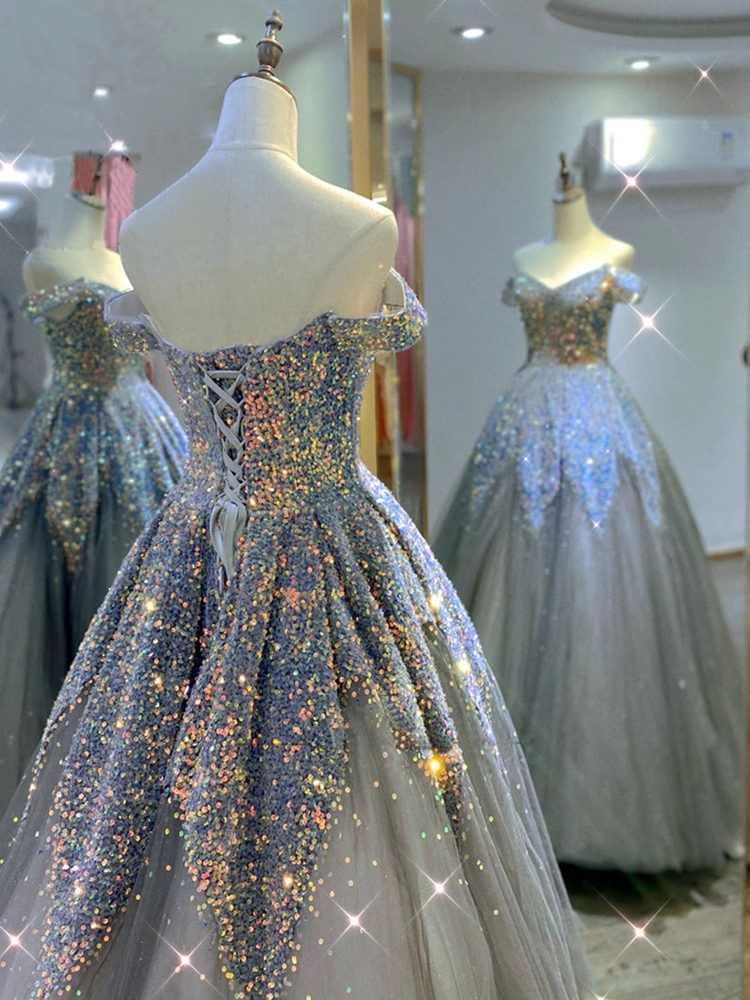 Ball Gown Strapless Sequin Party Dresses Long Tulle Prom Dresses