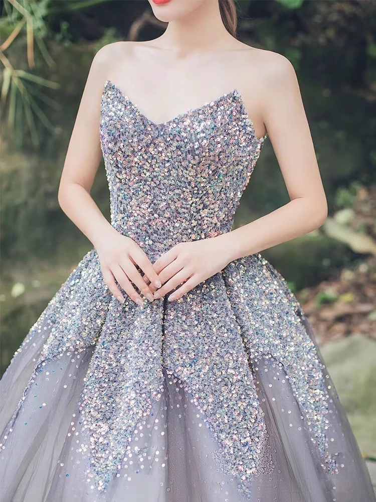 Ball Gown Strapless Sequin Party Dresses Long Tulle Prom Dresses