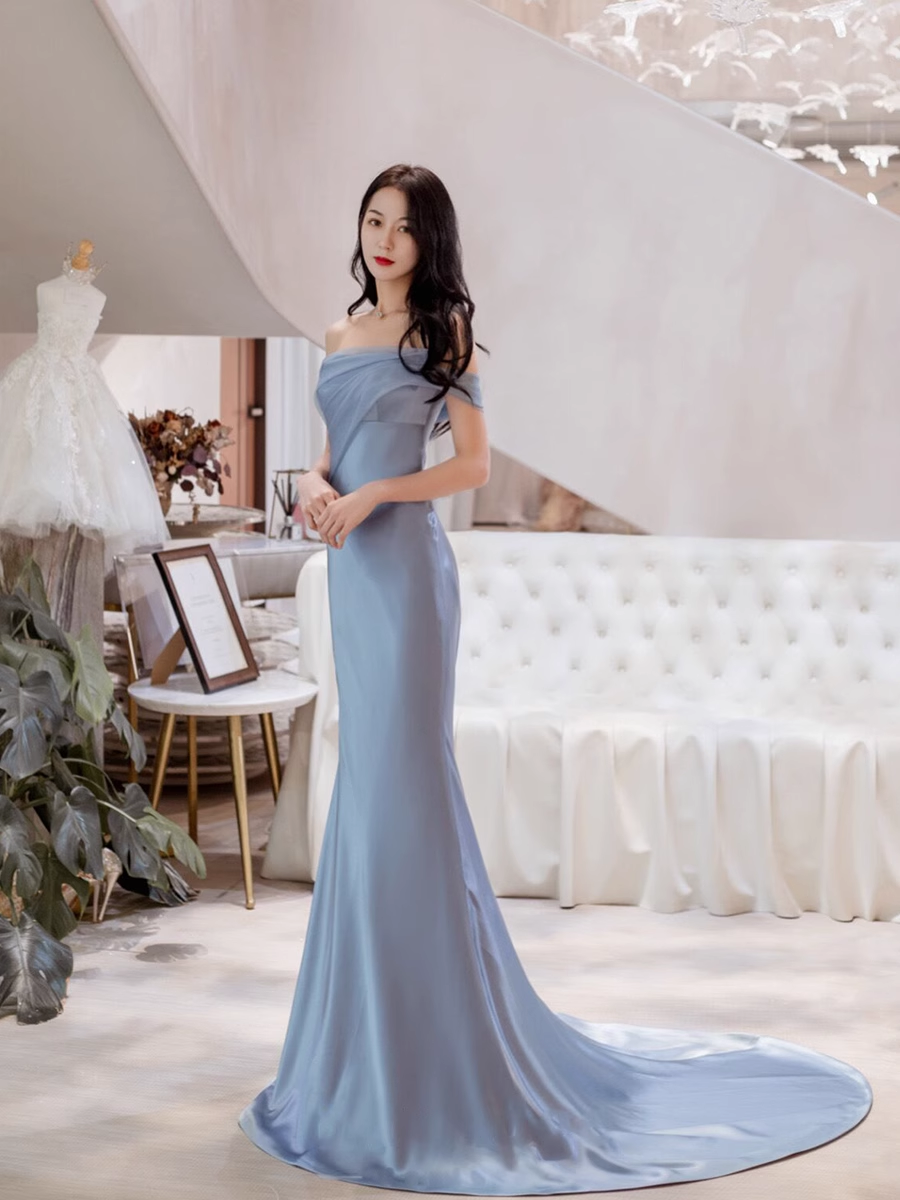 Mermaid Off The Shoulder Light Sky Blue Party Dresses Long Prom Dresses