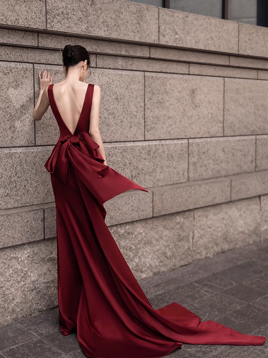 Simple Mermaid V neckline Party Dresses Long Burgundy Prom Dresses