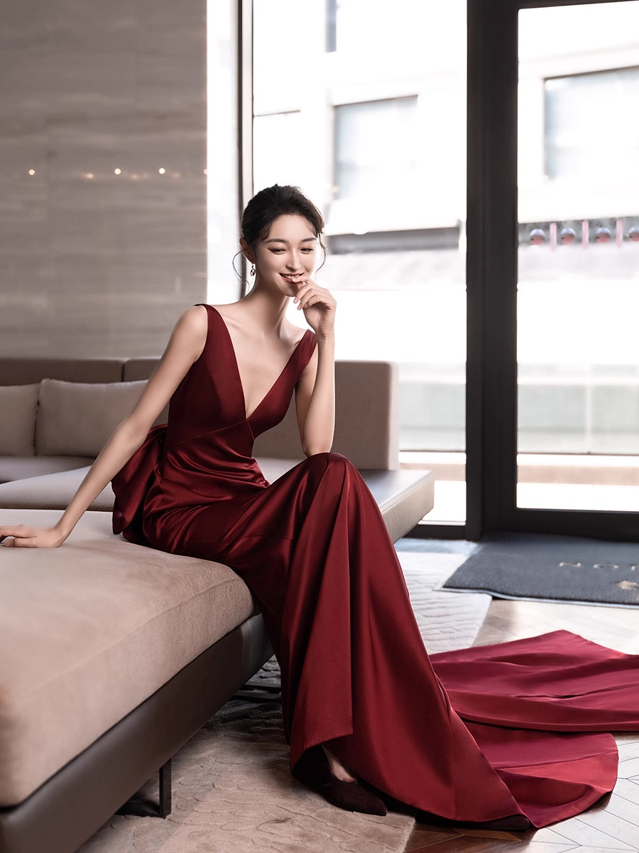 Simple Mermaid V neckline Party Dresses Long Burgundy Prom Dresses