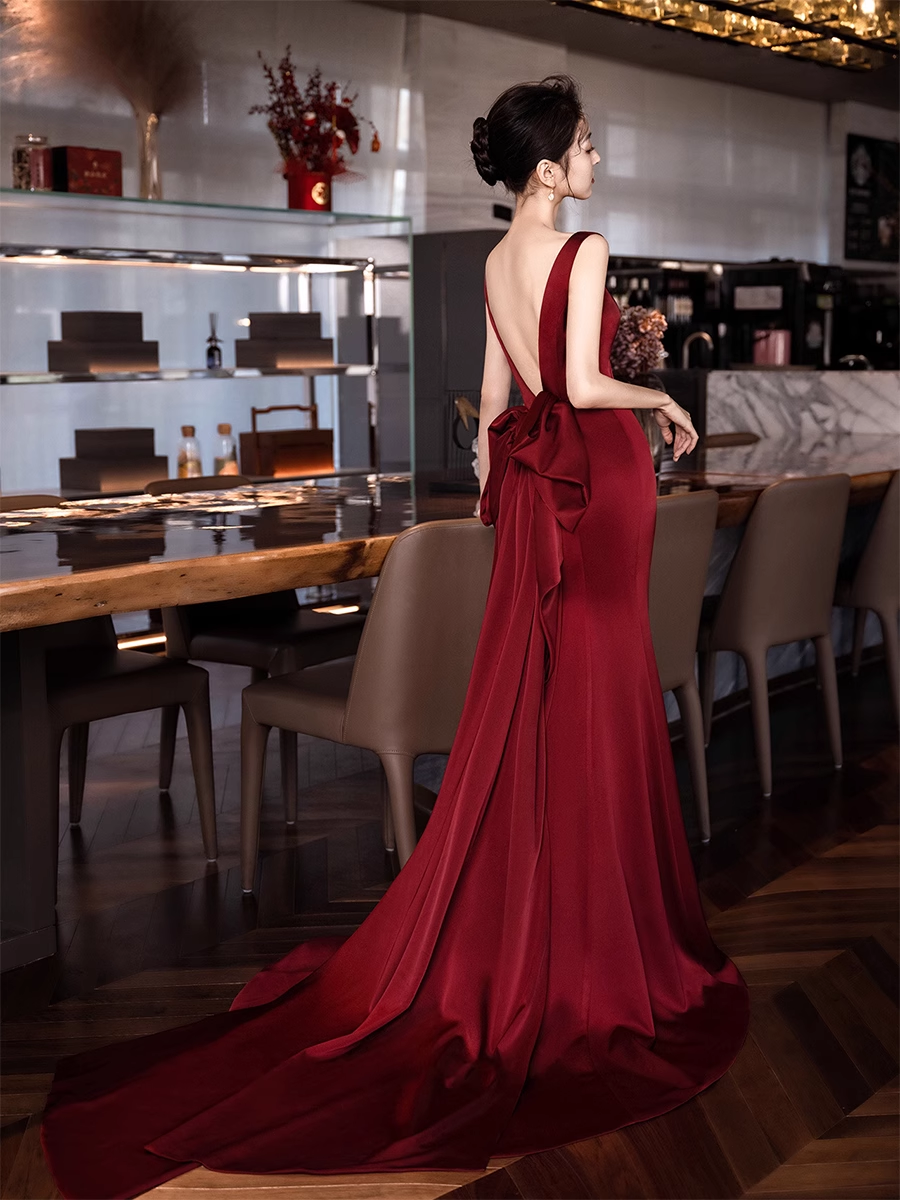Simple Mermaid V neckline Party Dresses Long Burgundy Prom Dresses