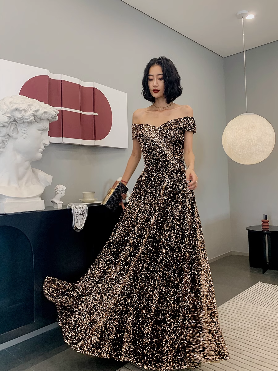 Simple A line Off The Shoulder Sequin Party Dresses Long Black Prom Dresses