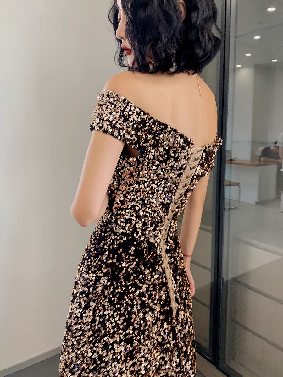 Simple A line Off The Shoulder Sequin Party Dresses Long Black Prom Dresses