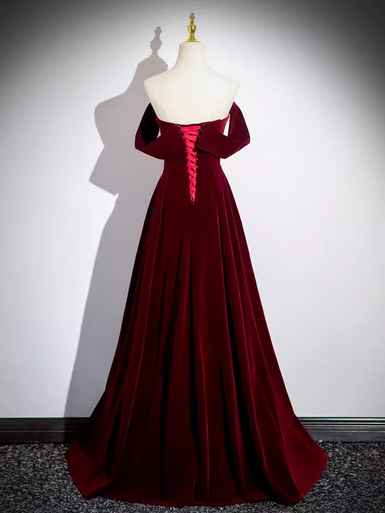 A line Off The Shoulder Evening Party Dress Velvet Prom Dress