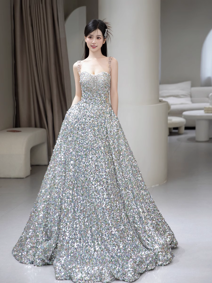A line Straps Evening Party Dress Sequin Long Prom Dress