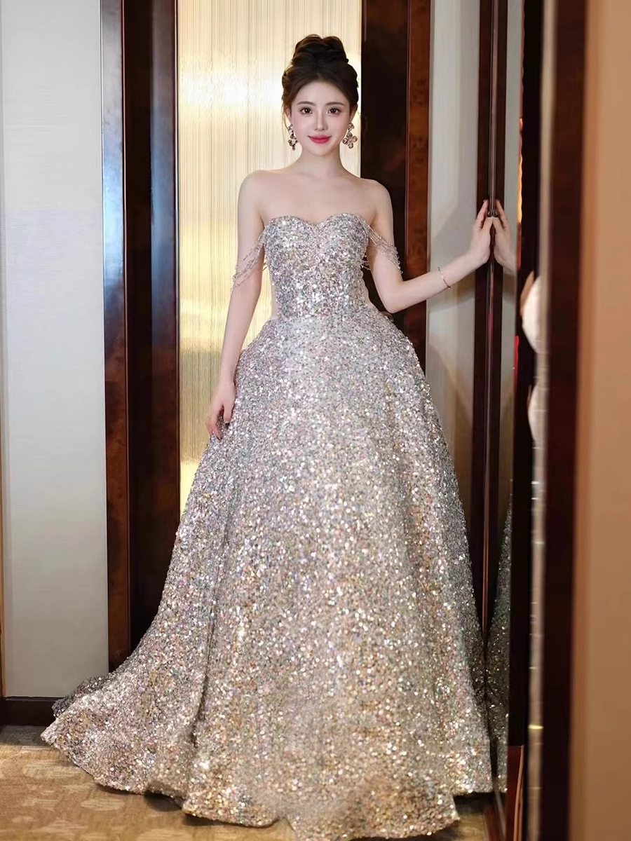 A line Straps Evening Party Dress Sequin Long Prom Dress