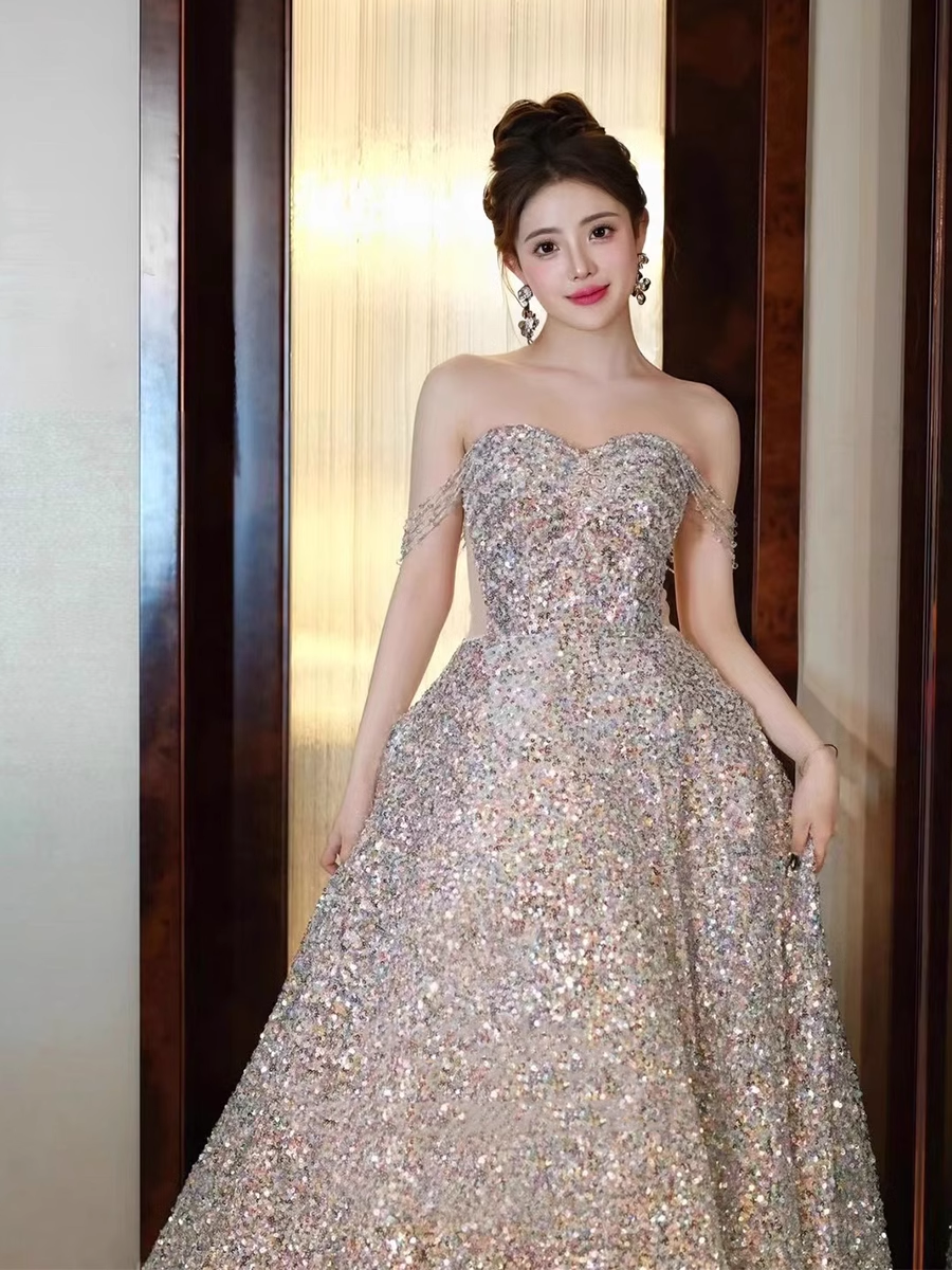 A line Straps Evening Party Dress Sequin Long Prom Dress