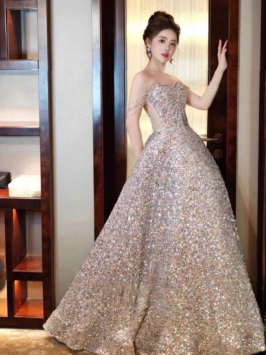 A line Straps Evening Party Dress Sequin Long Prom Dress