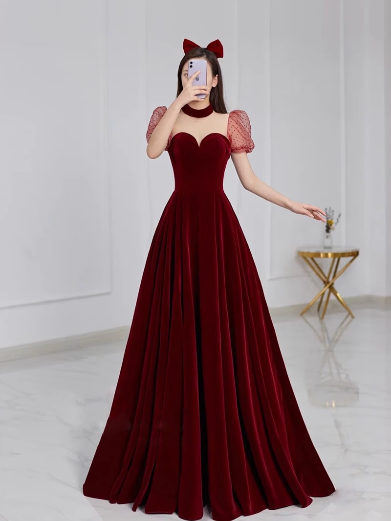 A line Burgundy Evening Party Dress Velvet Long Prom Dress