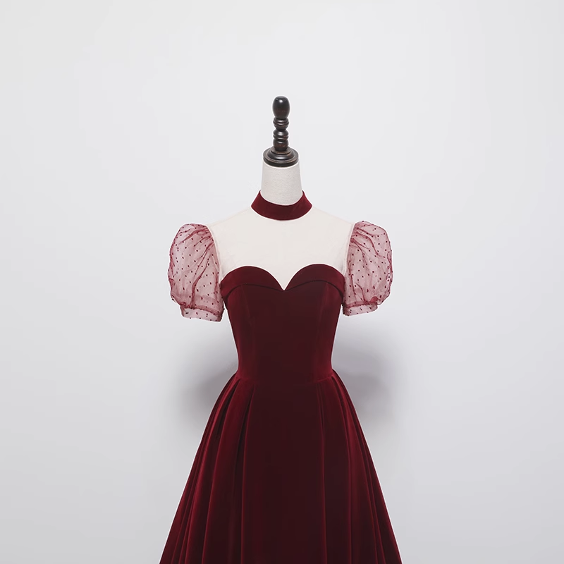 A line Burgundy Evening Party Dress Velvet Long Prom Dress