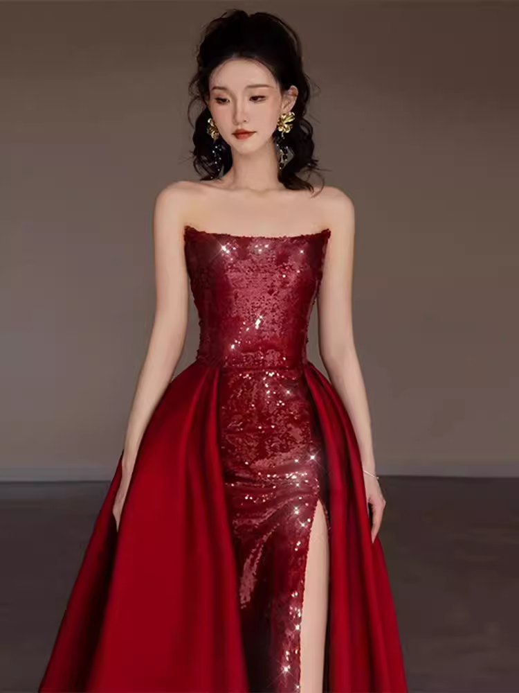 Sexy Mermaid Strapless Sleeveless Party Dress Red Long Prom Dress
