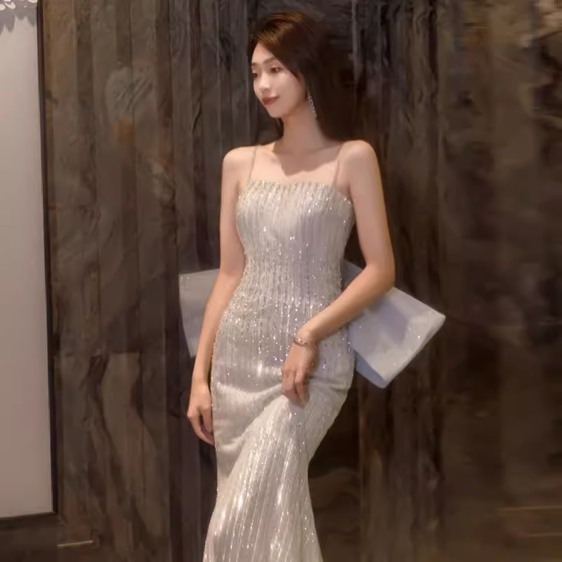 Sexy Mermaid Straps Party Dress Sequin Long Prom Dress