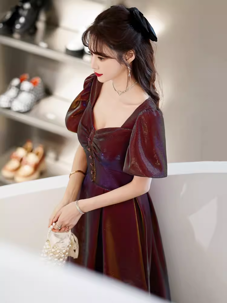 A Line Square Party Dress Knee Length Burgundy Prom Dress