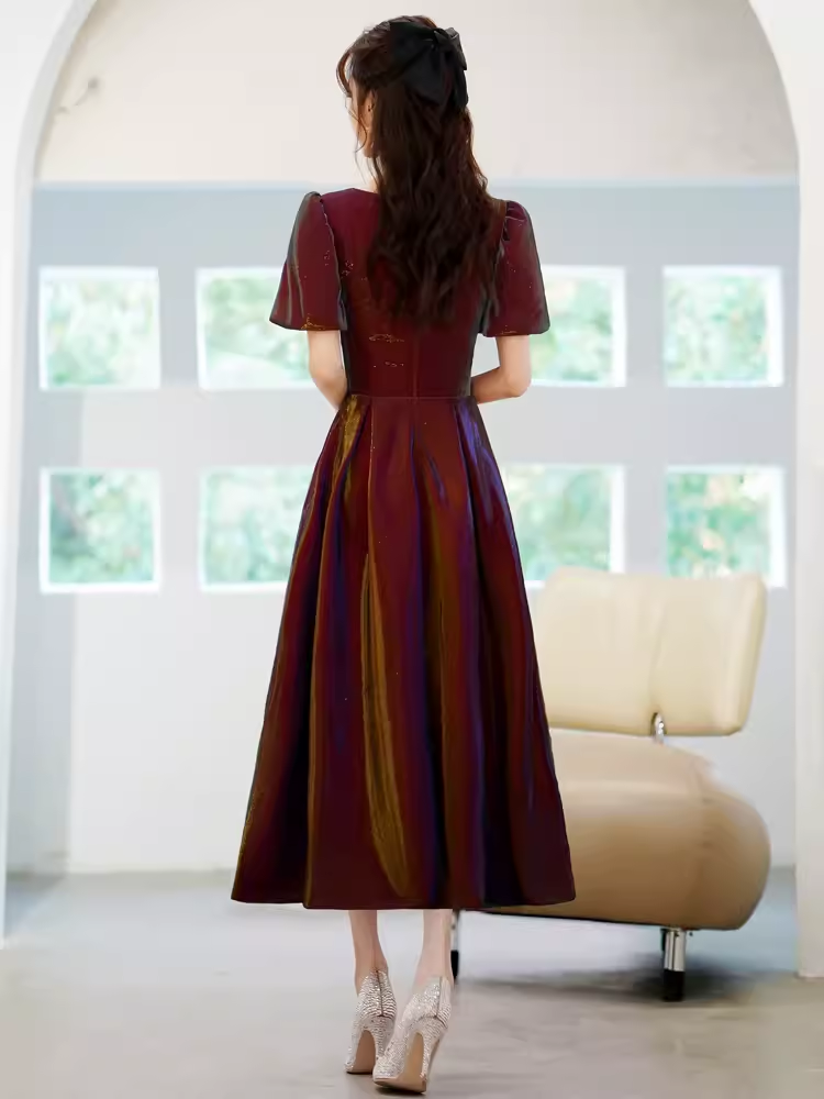 A Line Square Party Dress Knee Length Burgundy Prom Dress