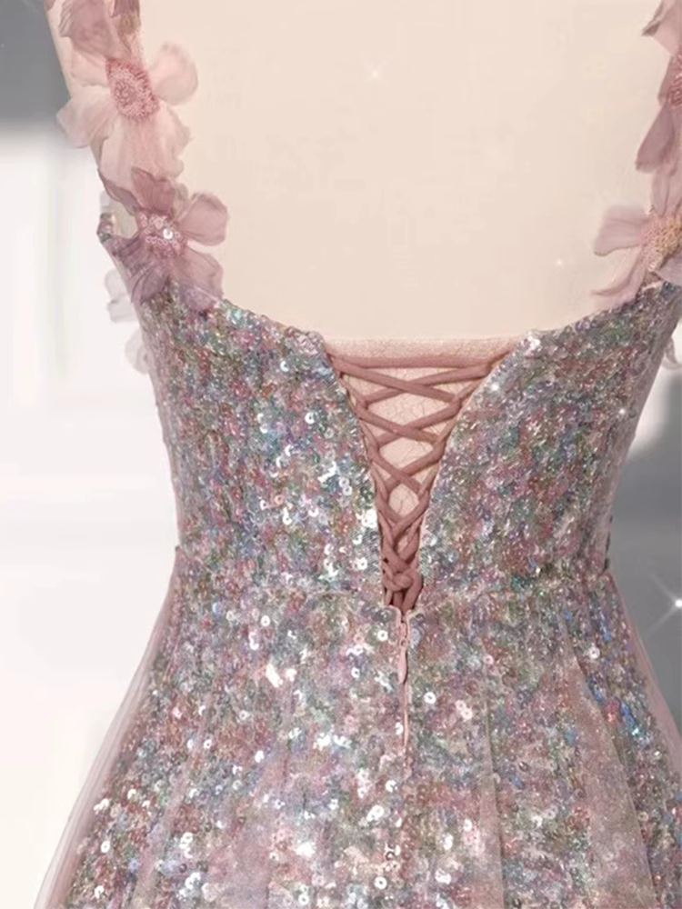 Princess A Line Straps Party Dress Sequin Pink Prom Dress