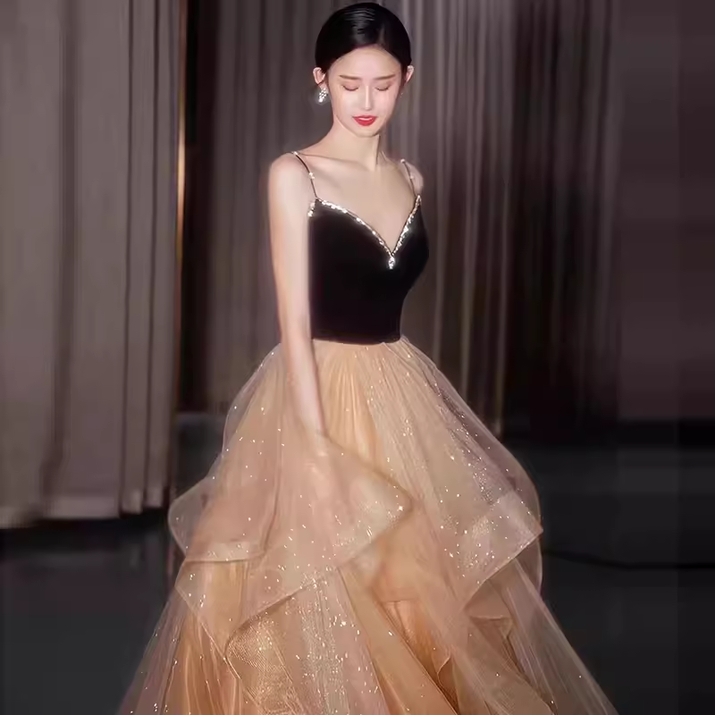 Ball Gown Straps Tulle Champagne Party Dress Long Prom Dress