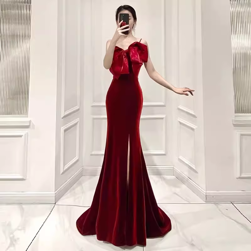 Mermaid Straps Velvet Red Party Dress Long Slit Prom Dress