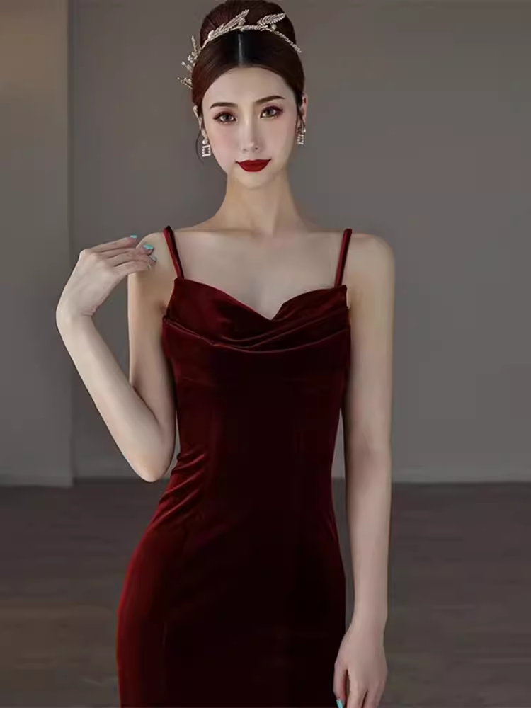 Mermaid Straps Velvet Red Party Dress Long Backless Prom Dress