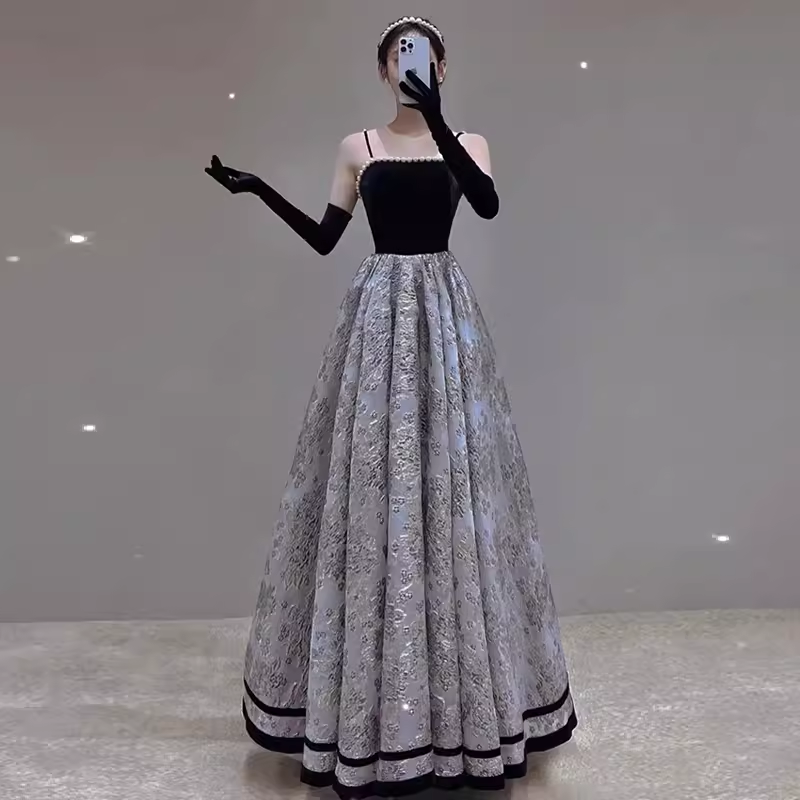 A line Straps Velvet Black Party Dress Long Prom Dress