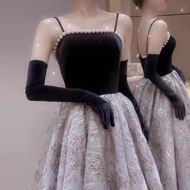 A line Straps Velvet Black Party Dress Long Prom Dress