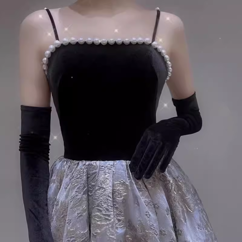 A line Straps Velvet Black Party Dress Long Prom Dress