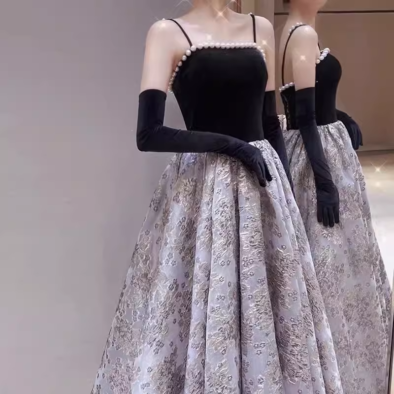 A line Straps Velvet Black Party Dress Long Prom Dress