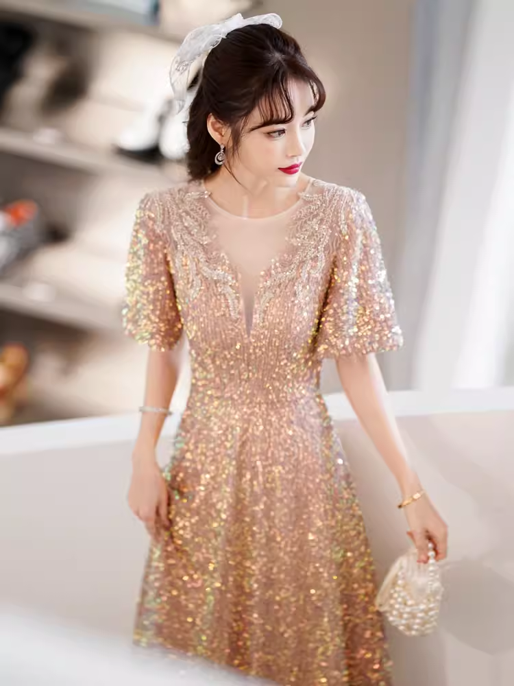 A line Sequin Gold Party Dress Long Prom Dress