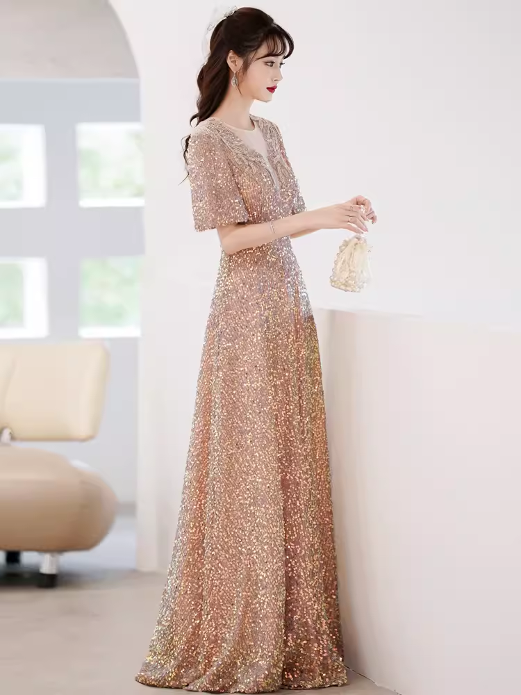 A line Sequin Gold Party Dress Long Prom Dress