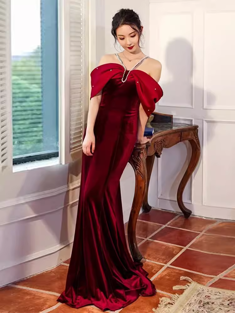 Mermaid Halter Red Velvet Party Dress Long Prom Dress
