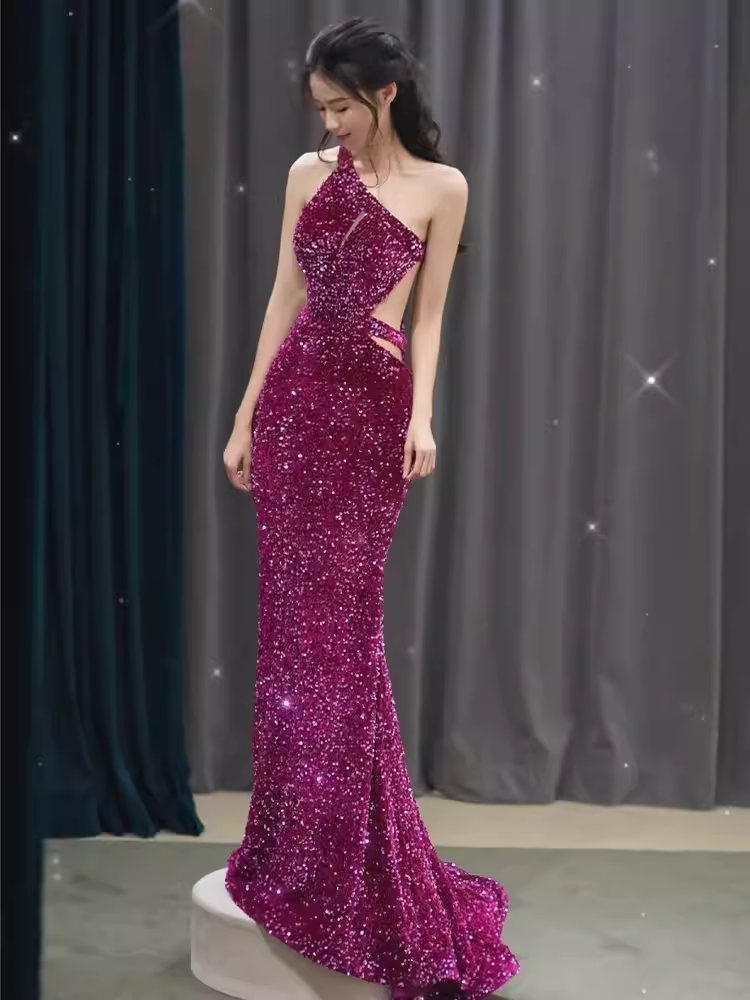 Mermaid One Shoulder Sequin Party Dress Long Prom Dress