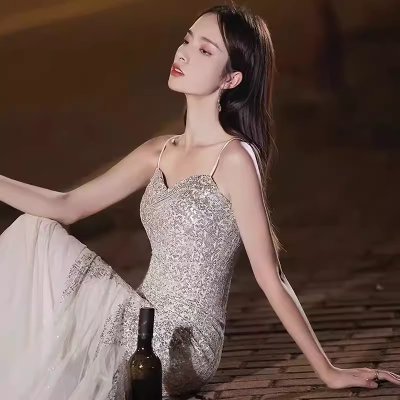 Mermaid Straps Sequin Party Dress Long Prom Dress